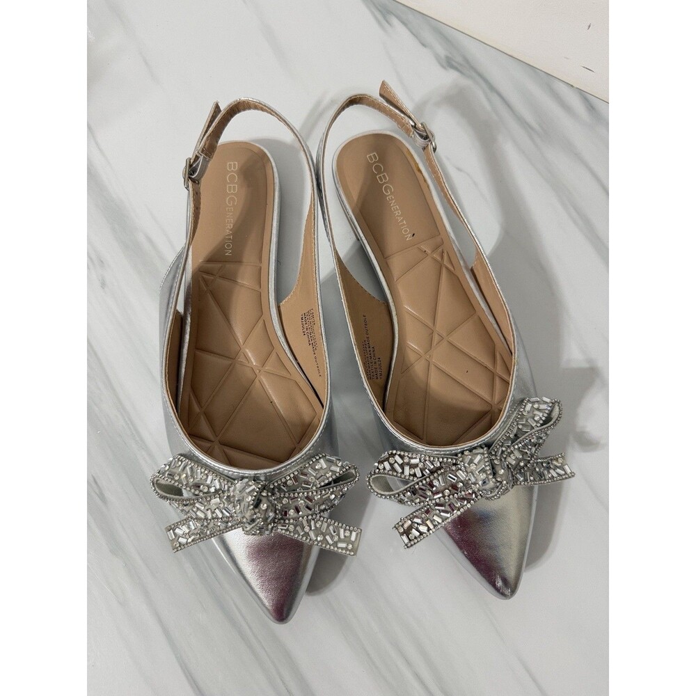 BCBGeneration Kristin Silver Sling Back Flat Metallic Crystal Bow sz 7.5M
